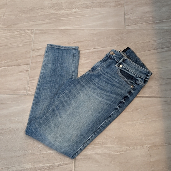 White House Black Market Blue Skinny Jeans with Gold Floral Accents - Picture 7 of 9